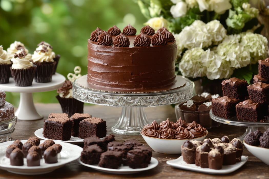 A stylish display of assorted chocolate desserts, including a tart, cupcake, and parfait, with a blurred background.