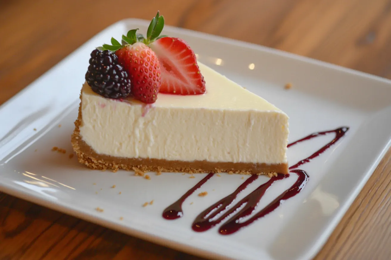 A creamy 3-ingredient no-bake cheesecake with a golden biscuit crust, placed on a white ceramic plate in a cozy clair place kitchen. Sunlight streams through a rustic window, casting a warm glow over the wooden countertop.