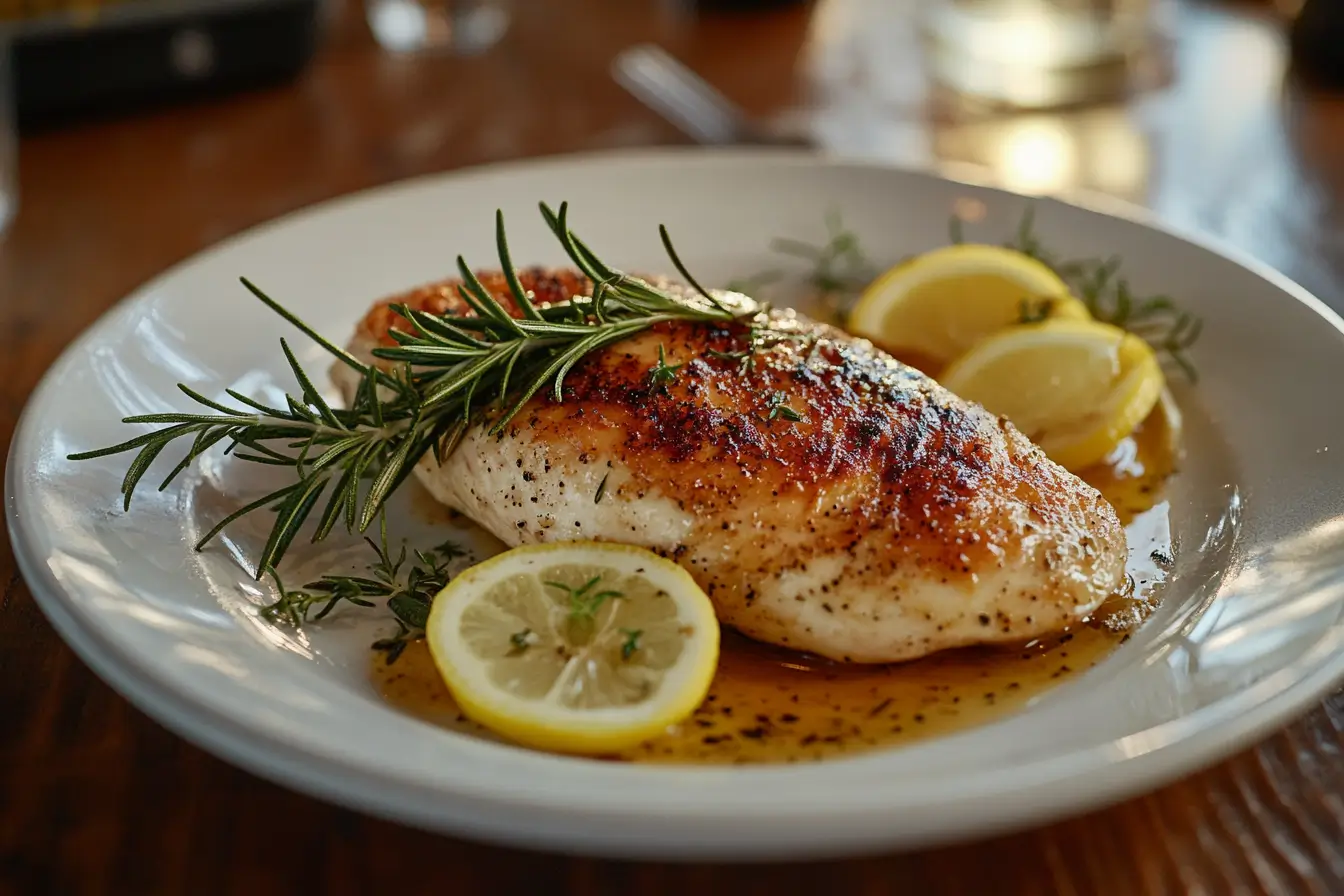 Cooking Juicy Chicken Breasts, golden brown and juicy, served on a plate with a garnish of fresh herbs.