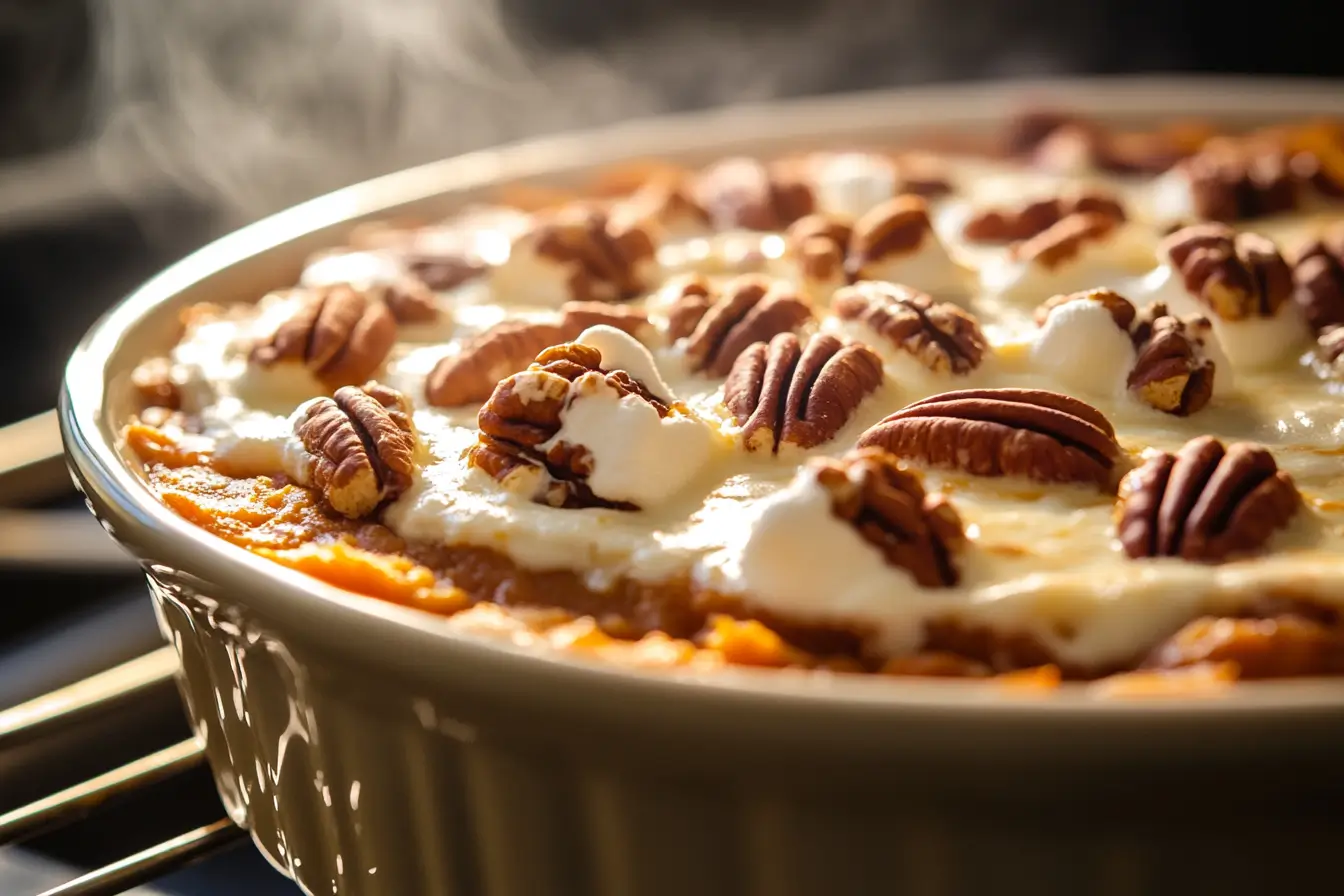 Sweet potato casserole baking with melted marshmallows and pecans.