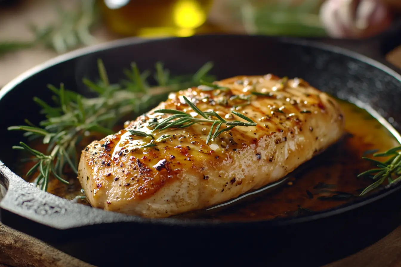 A raw bone-in chicken breast placed on a wooden cutting board, garnished with fresh rosemary and garlic cloves.