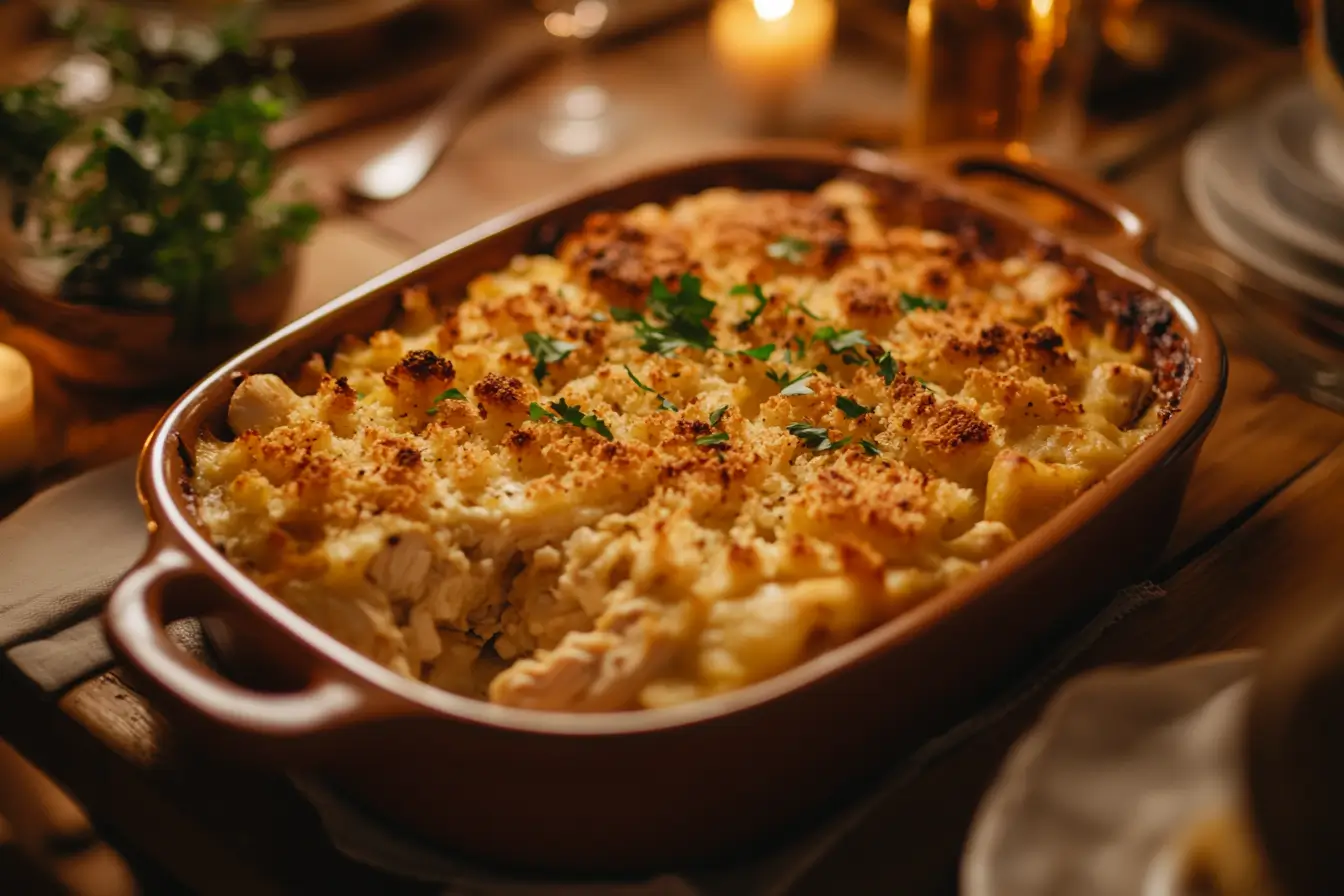 Golden-brown chicken dressing casserole in a baking dish, topped with breadcrumbs and parsley.