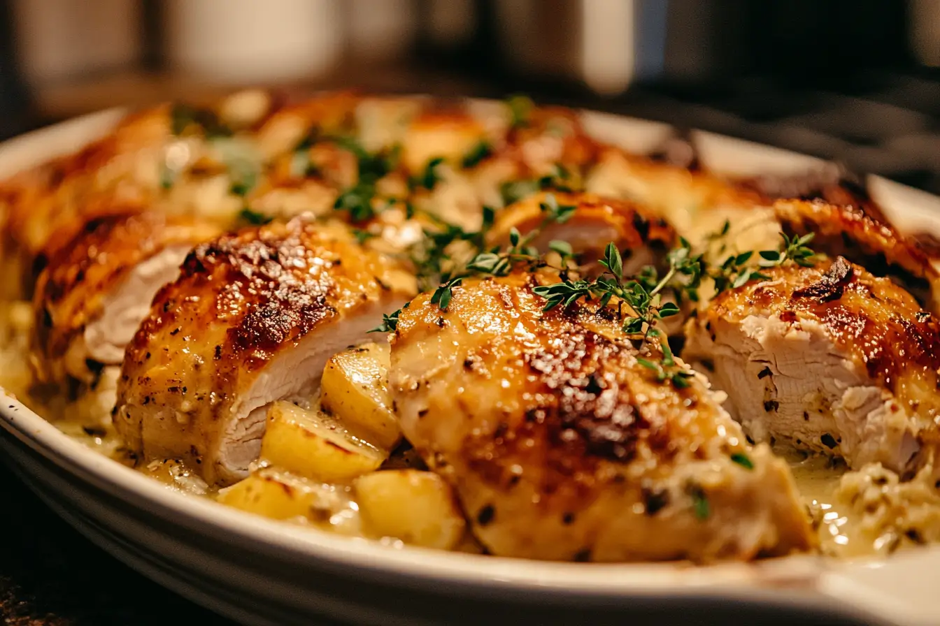 A golden-brown chicken dressing casserole topped with crispy breadcrumbs, served in a white ceramic baking dish.