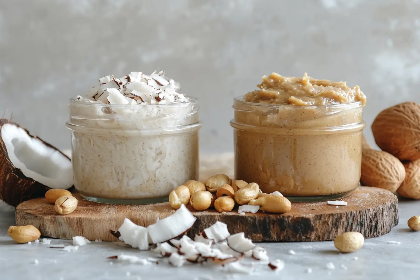  coconut butter and peanut butter, featuring nutritional icons like protein and calories, with tropical and earthy themes.