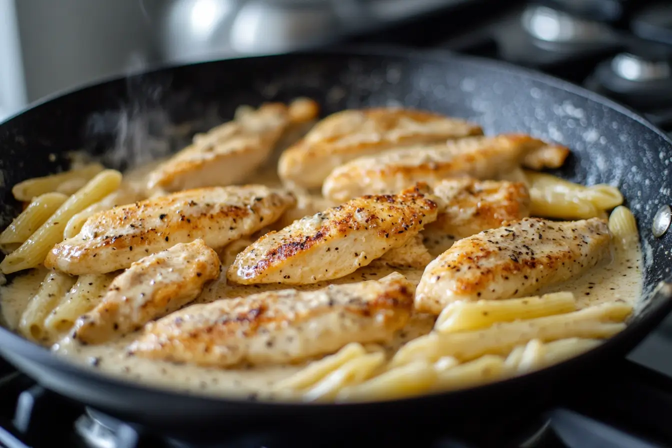 Chicken cooking in creamy garlic Parmesan sauce with pasta.