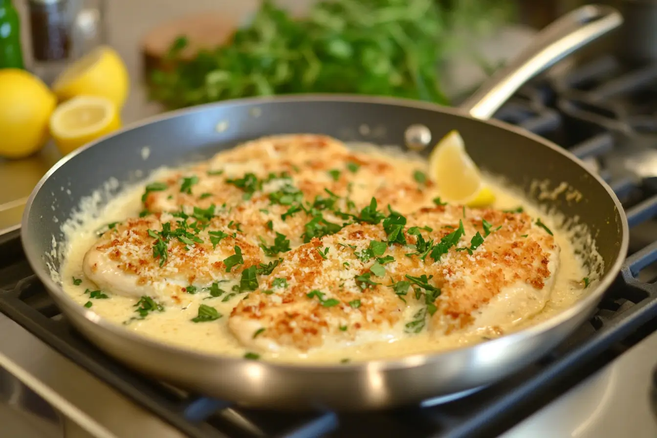 Chicken breasts with Parmesan crust cooking in a skillet.