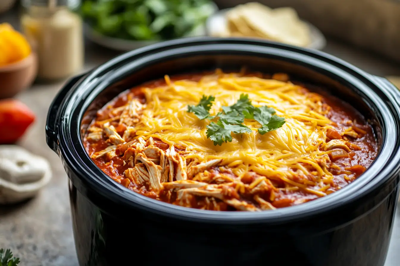 Crock pot layered with chicken, enchilada sauce, and cheese.