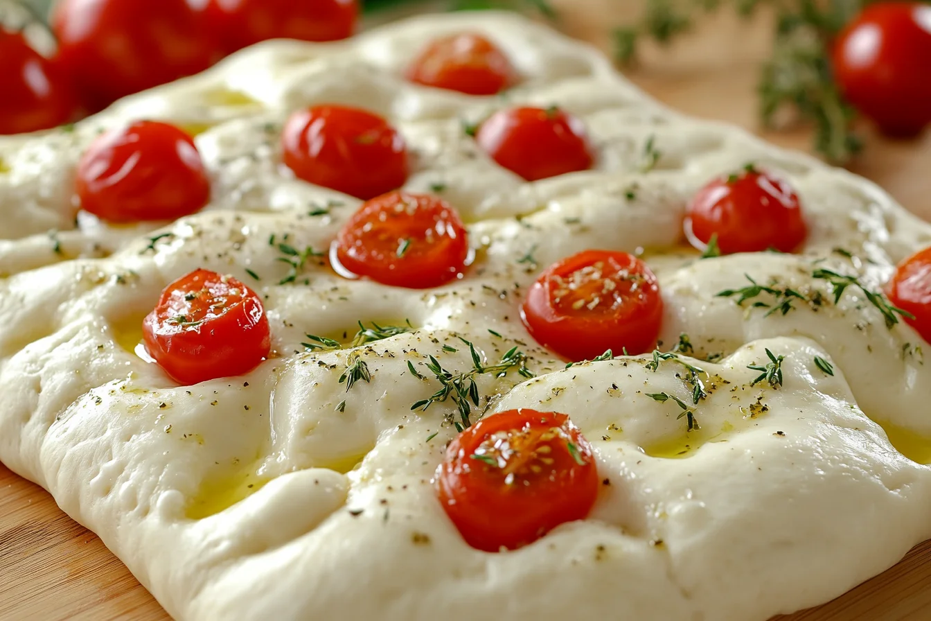 A close-up of fresh focaccia dough on a wooden surface, drizzled with olive oil and topped with cherry tomatoes, mozzarella, and herbs, ready for baking.