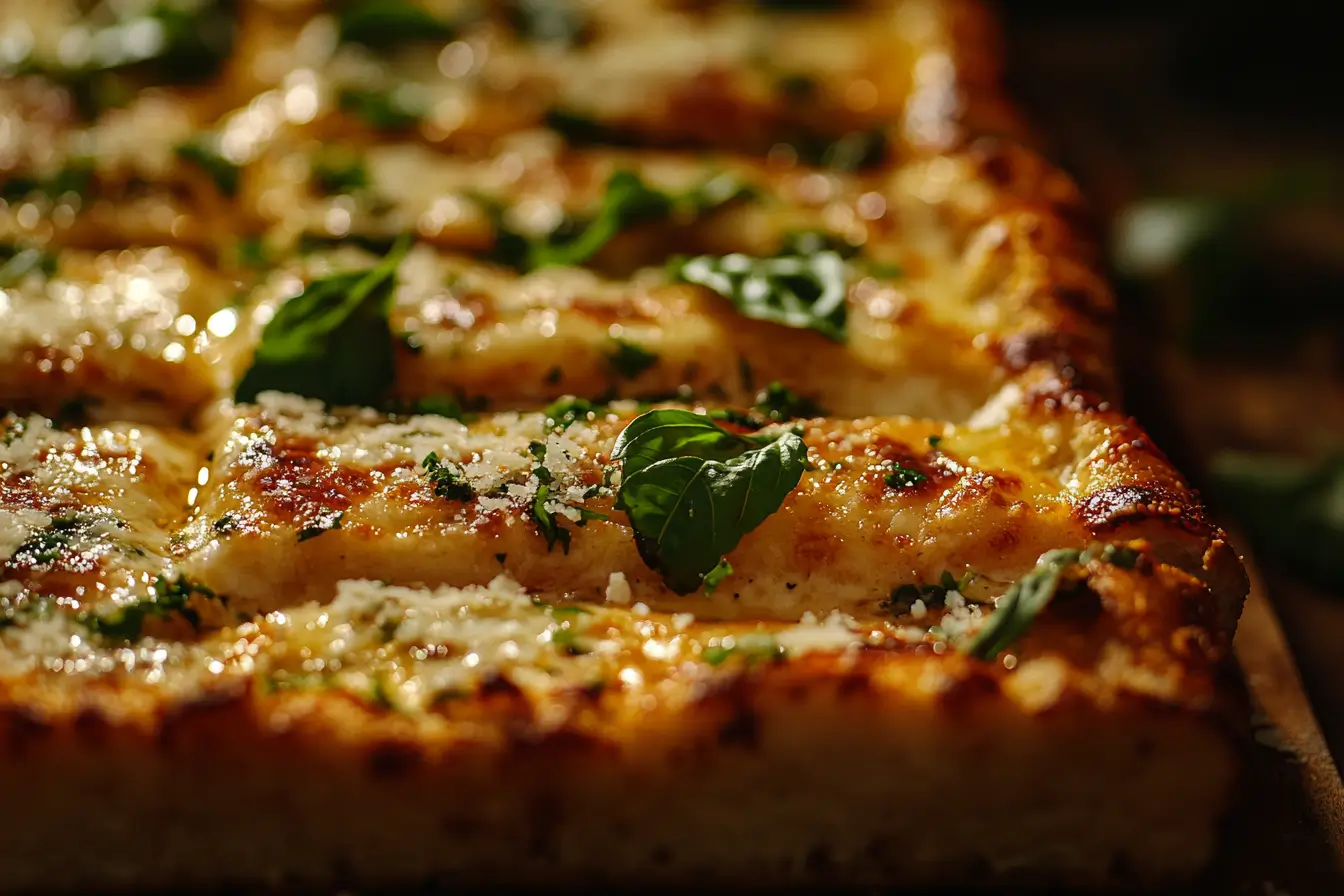 A cheesy garlic bread pizza topped with tomato sauce and parsley on a wooden board.