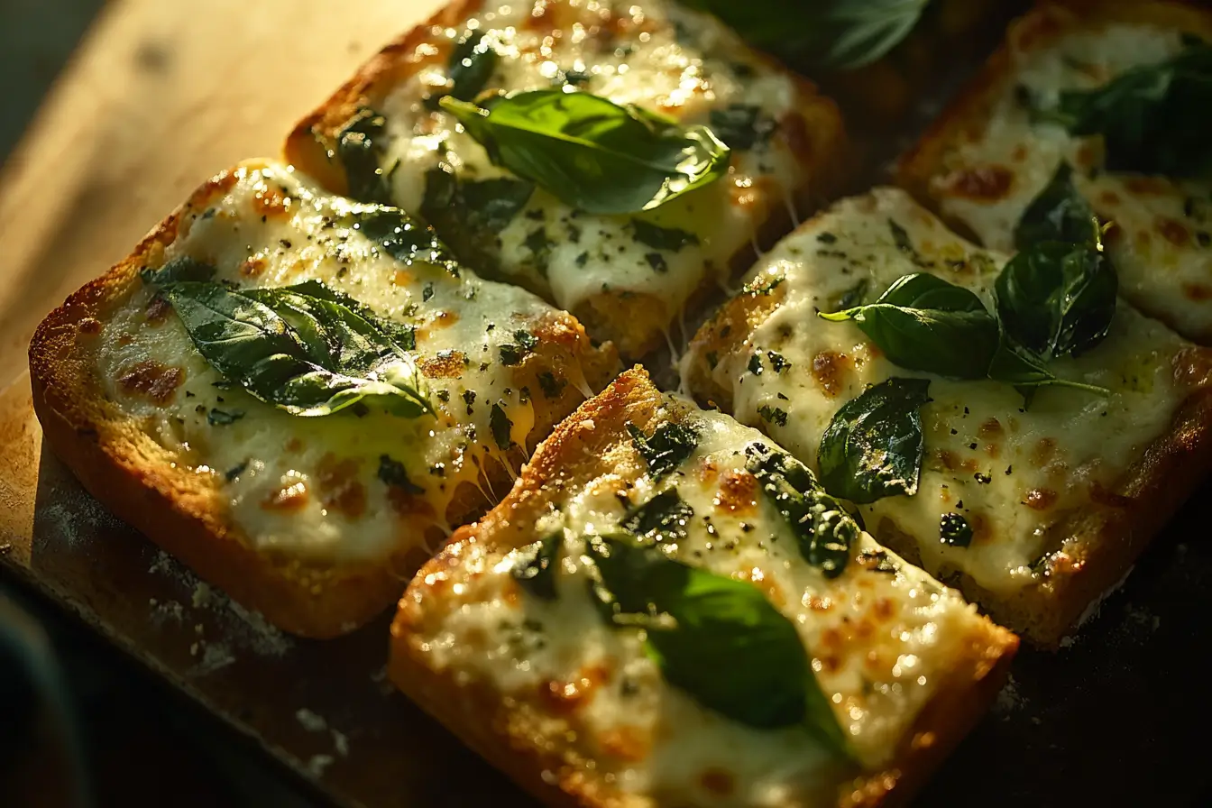 A golden-brown garlic bread pizza topped with melted cheese, herbs, and tomato sauce, sliced and ready to serve.