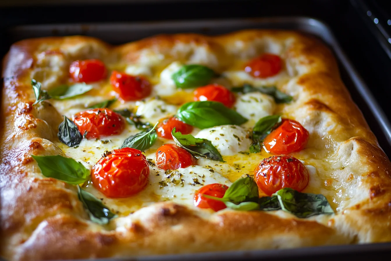  A golden focaccia bread pizza baking inside an oven, with melted mozzarella, roasted cherry tomatoes, and crispy edges.
