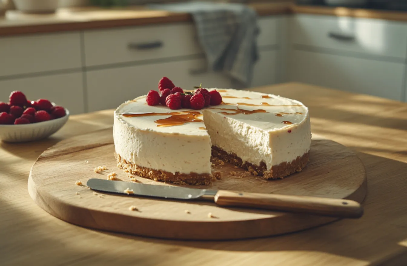 A homemade 3-ingredient no-bake cheesecake with a golden crust sits on a wooden table in a warm, inviting clair place kitchen. A slice is slightly pulled out, revealing its creamy texture, with fresh berries and caramel drizzle nearby.