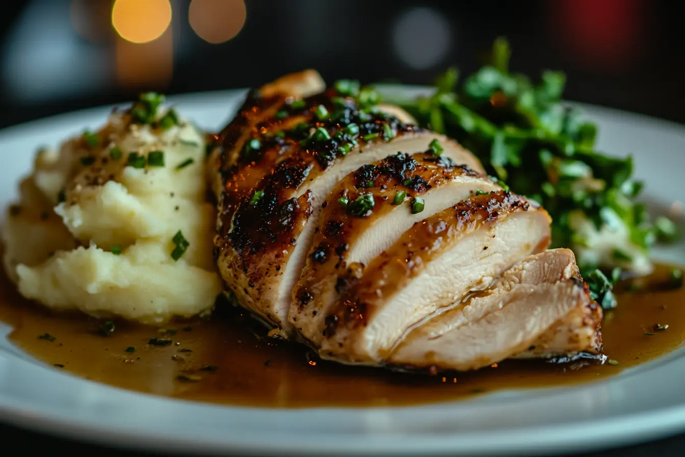 A close-up of a perfectly seared chicken breast, golden brown and juicy, served on a plate with a garnish of fresh herbs.