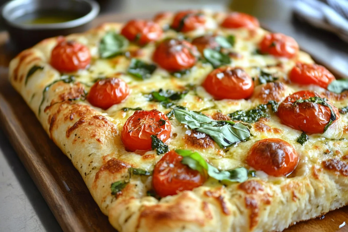 A golden-brown focaccia bread pizza, crispy on the outside and fluffy inside, topped with gooey mozzarella, roasted cherry tomatoes, and fresh basil, served on a rustic wooden board.