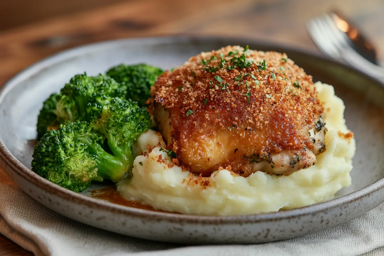 A plated serving of Longhorn’s Parmesan Crusted Chicken, topped with golden, crispy Parmesan crust, served alongside fresh vegetables and creamy mashed potatoes.