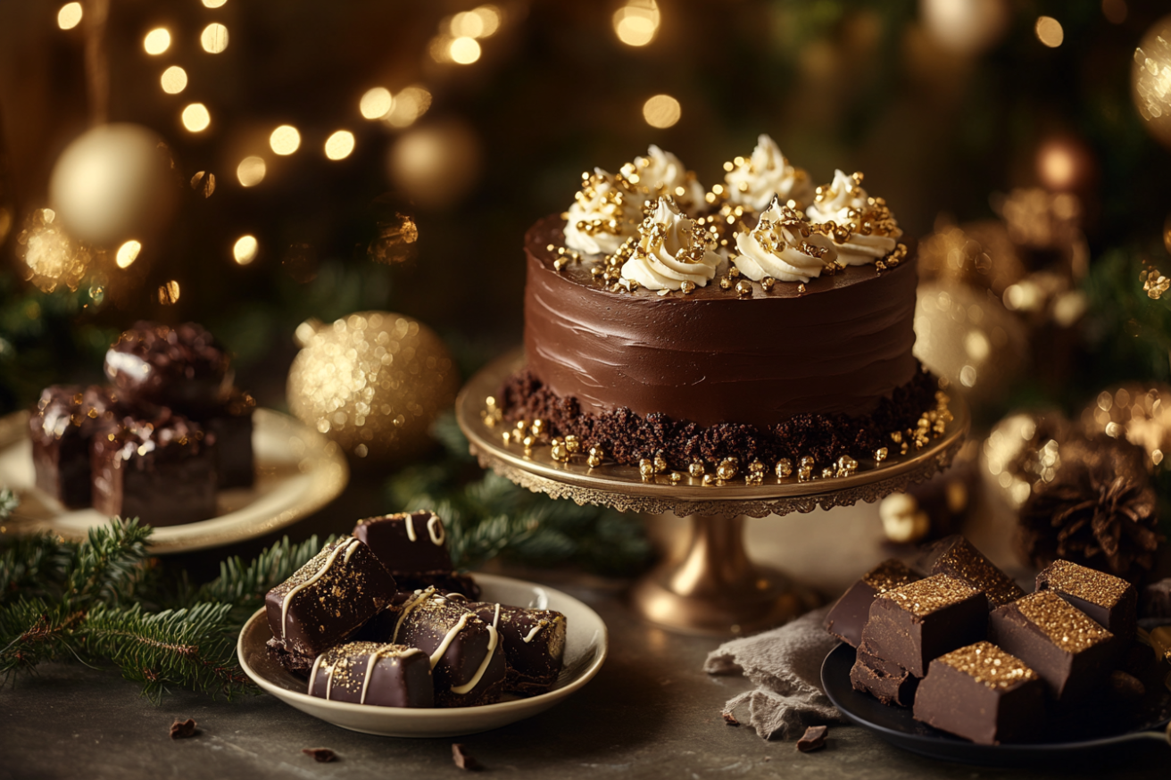 A rich chocolate cake, truffles, mousse, brownies, and chocolate-covered strawberries with a warm, festive background.