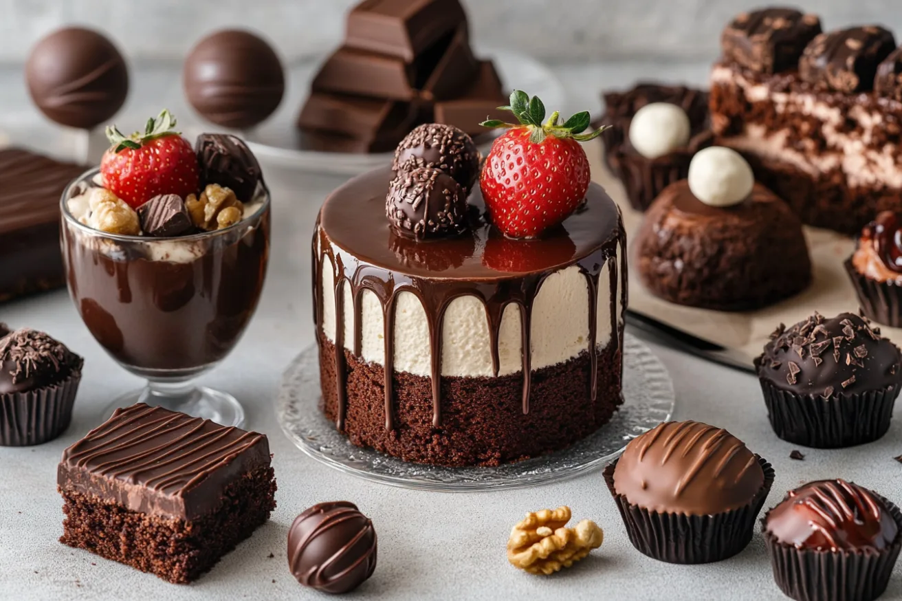 A chocolate cake with gold flakes, bonbons, mousse, and brownies against a glowing holiday setting.