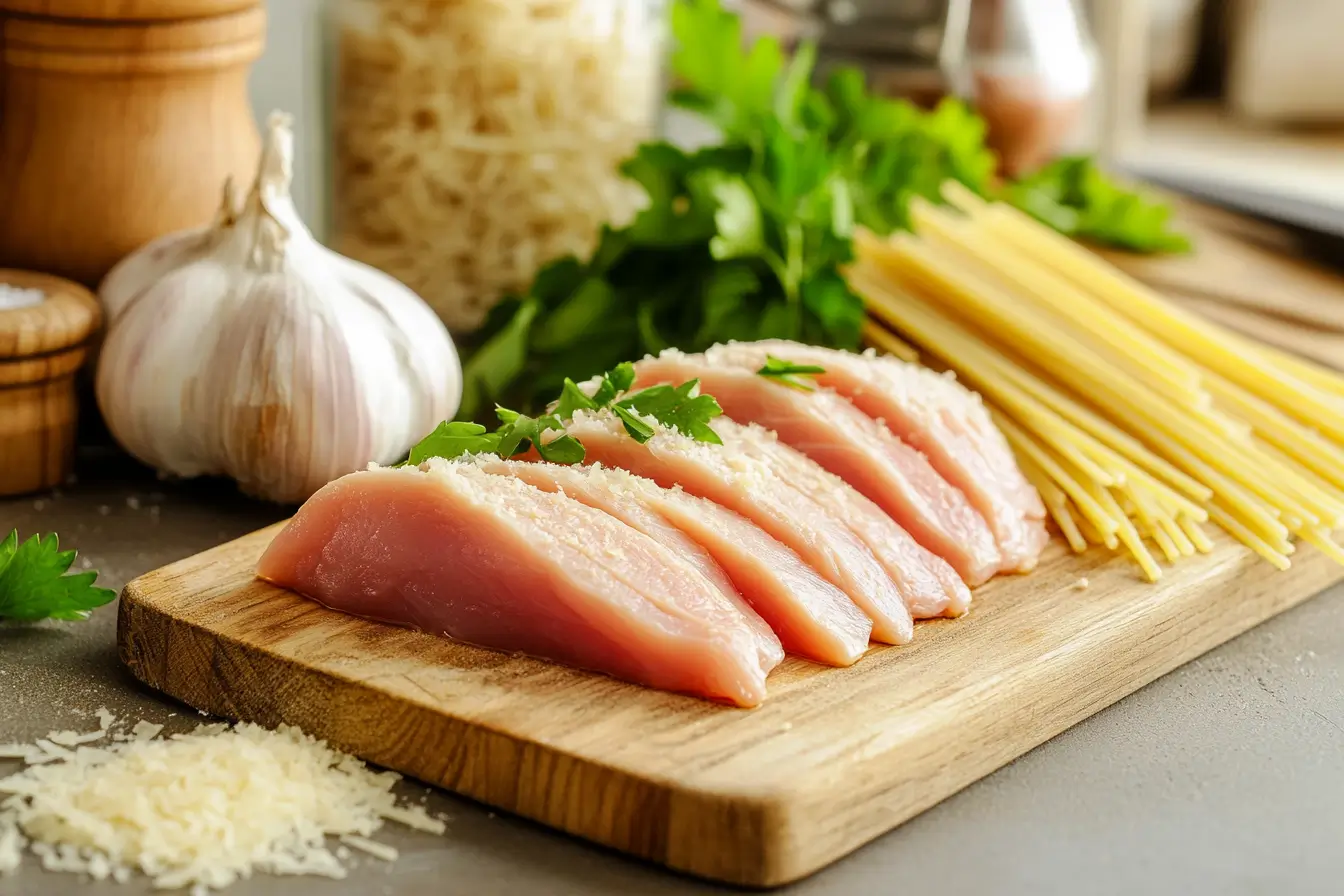 Raw chicken, Parmesan cheese, and pasta prepared for cooking.