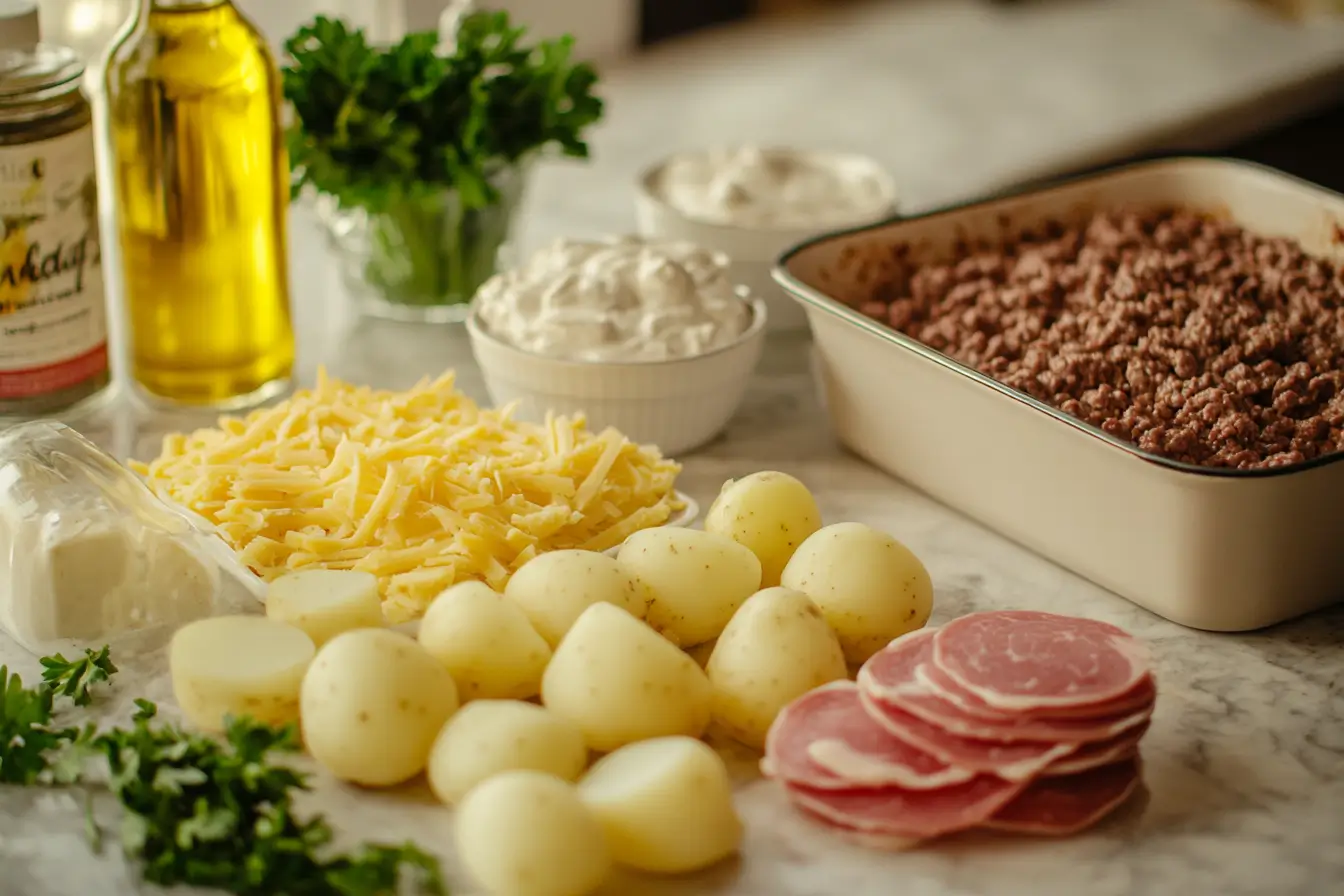 Ingredients for hamburger potato casserole on a kitchen counter.