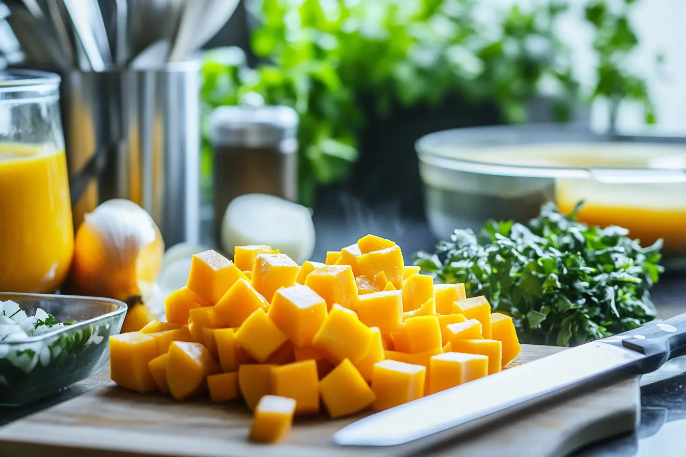 Cubed butternut squash, onions, and vegetable stock ready for soup preparation.