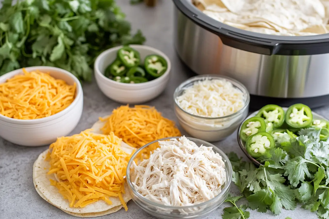 Ingredients for crock pot chicken enchiladas arranged on a countertop.