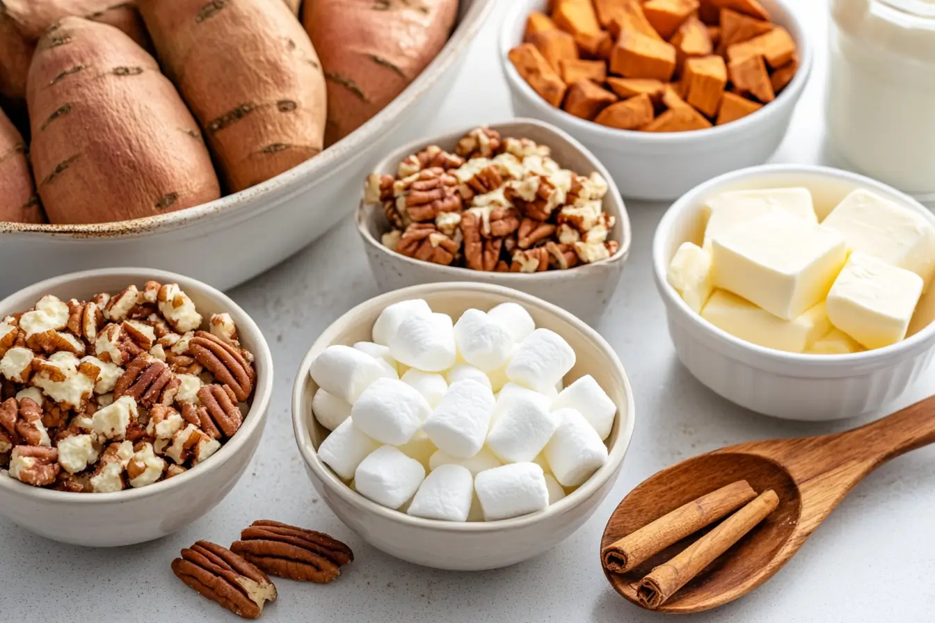 Sweet potatoes, brown sugar, pecans, and marshmallows ready for a casserole.