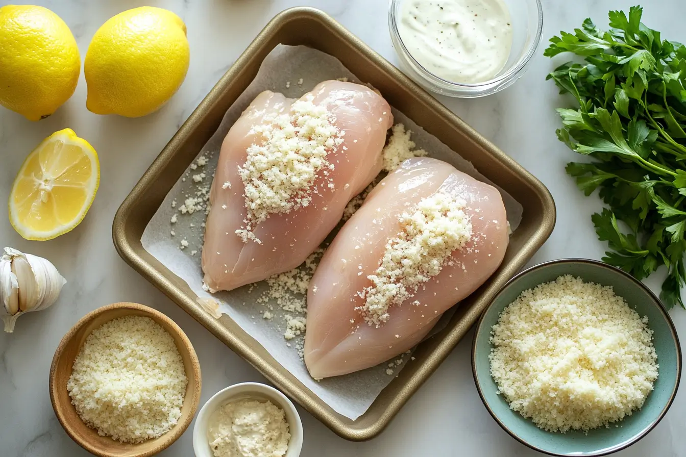 Ingredients for Longhorn’s Parmesan Crusted Chicken on a countertop.