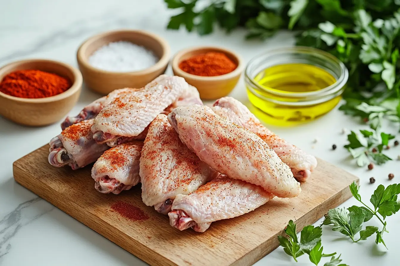 Raw turkey wings seasoned with spices on a cutting board.