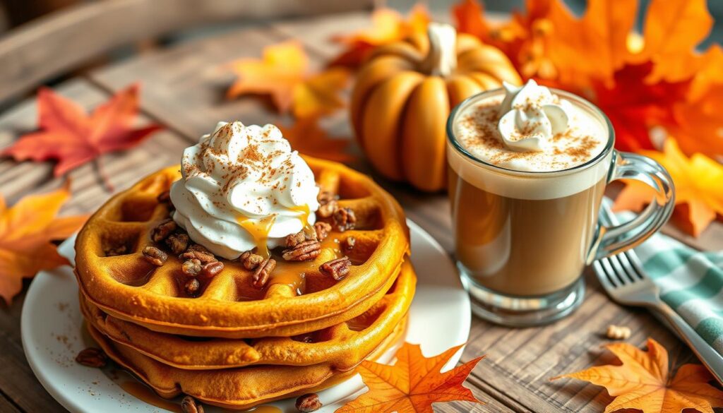 Pumpkin spice latte and pumpkin pecan waffles