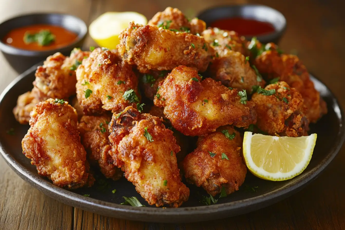 Crispy air-fried turkey wings garnished with parsley and lemon.