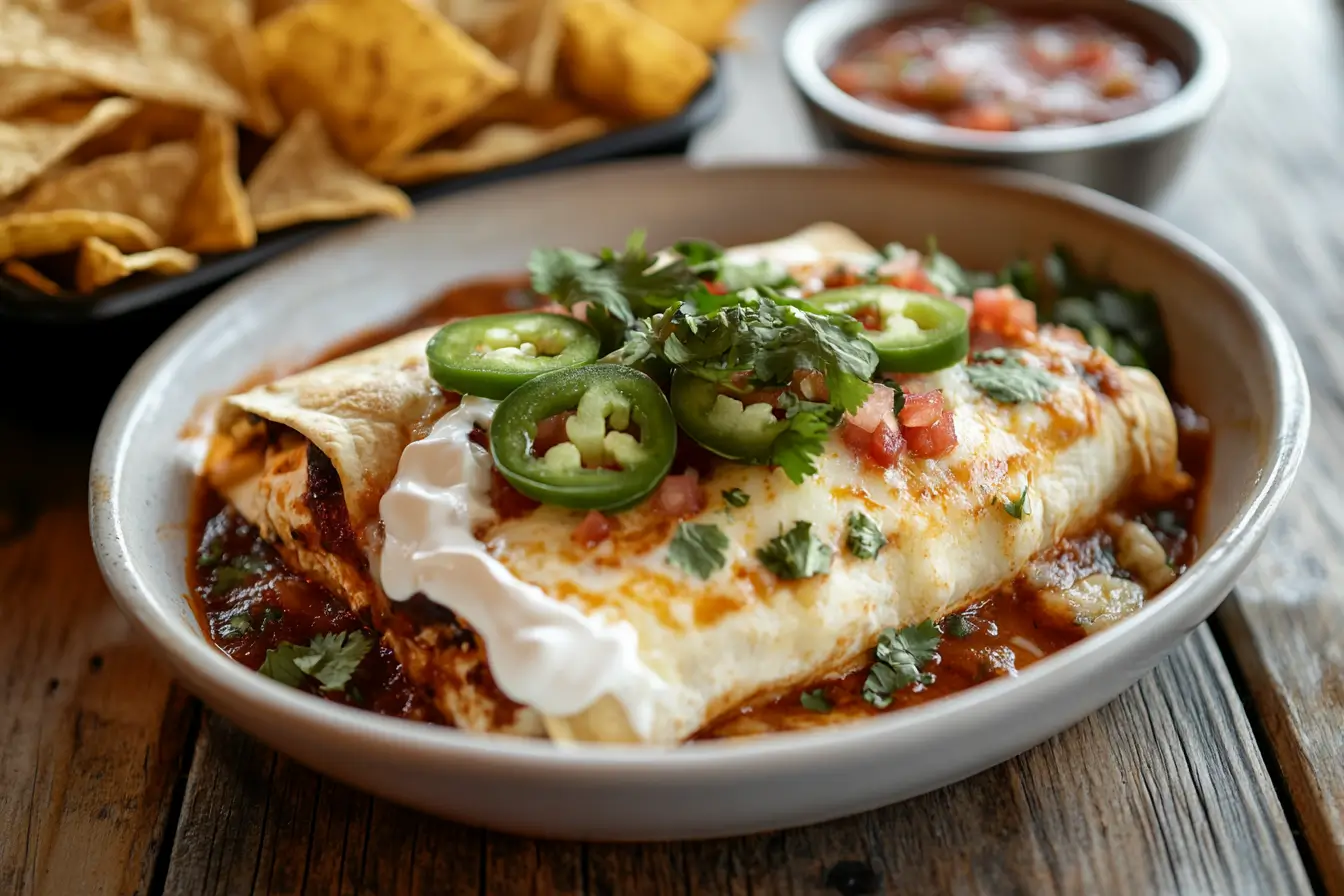 Plate of chicken enchiladas garnished with cilantro and sour cream.