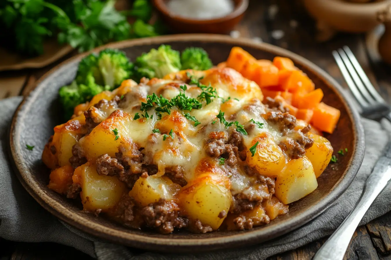 A serving of hamburger potato casserole garnished with parsley.