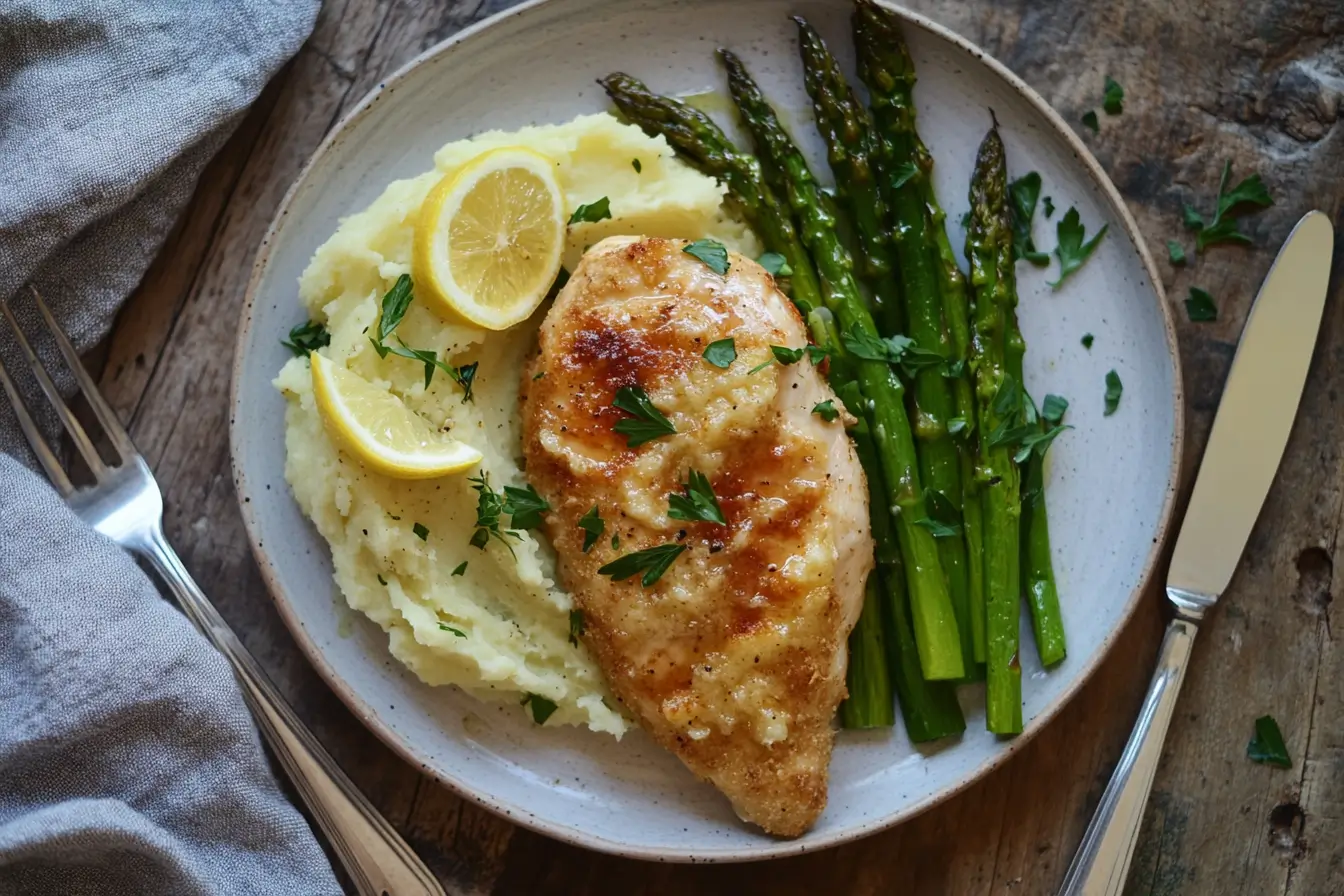 Parmesan crusted chicken served with mashed potatoes and asparagus.