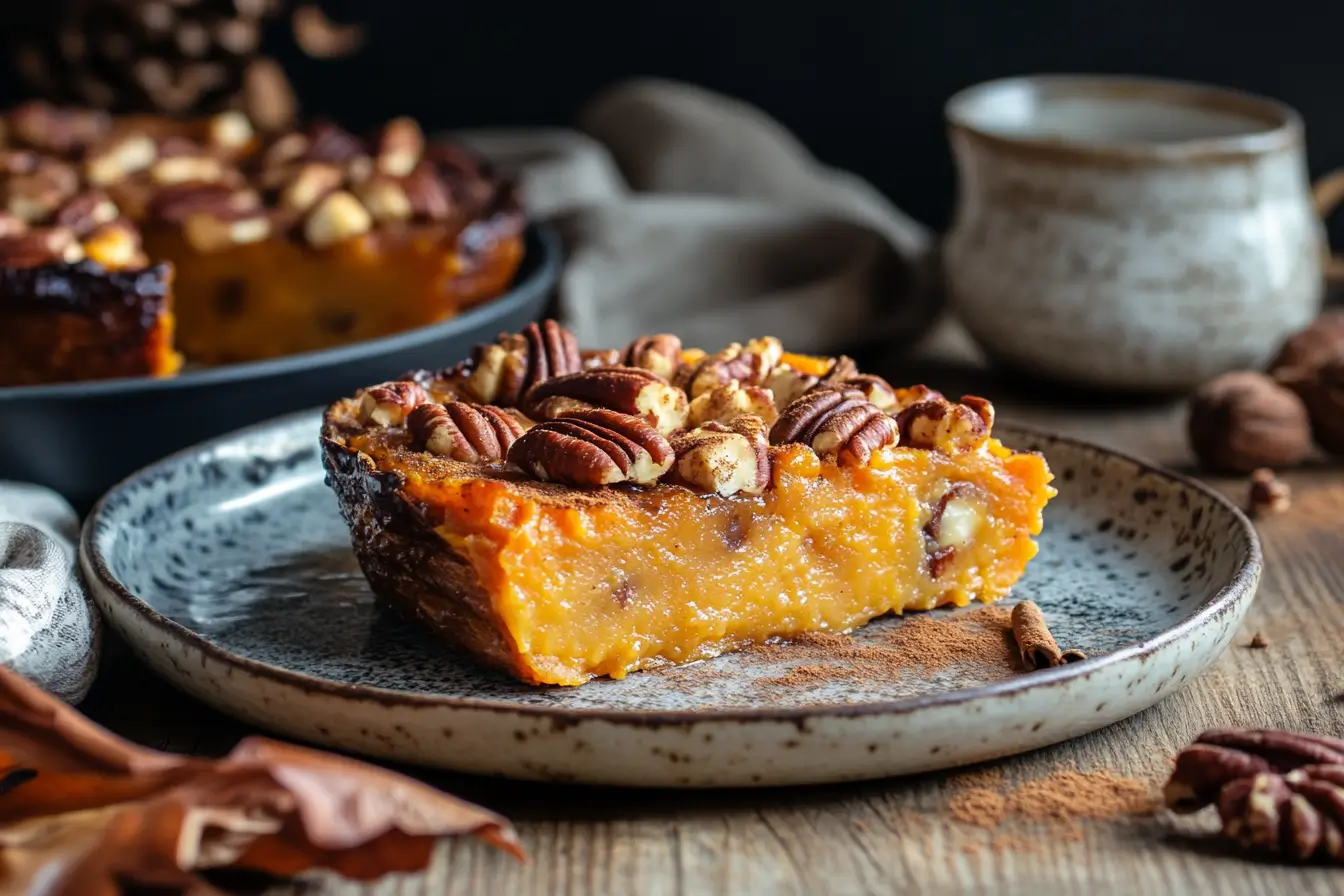 A serving of Old Fashioned Sweet Potato Casserole Recipe with marshmallows and pecans.