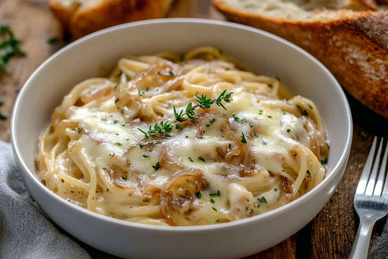 A bowl of creamy French onion pasta topped with caramelized onions and cheese.