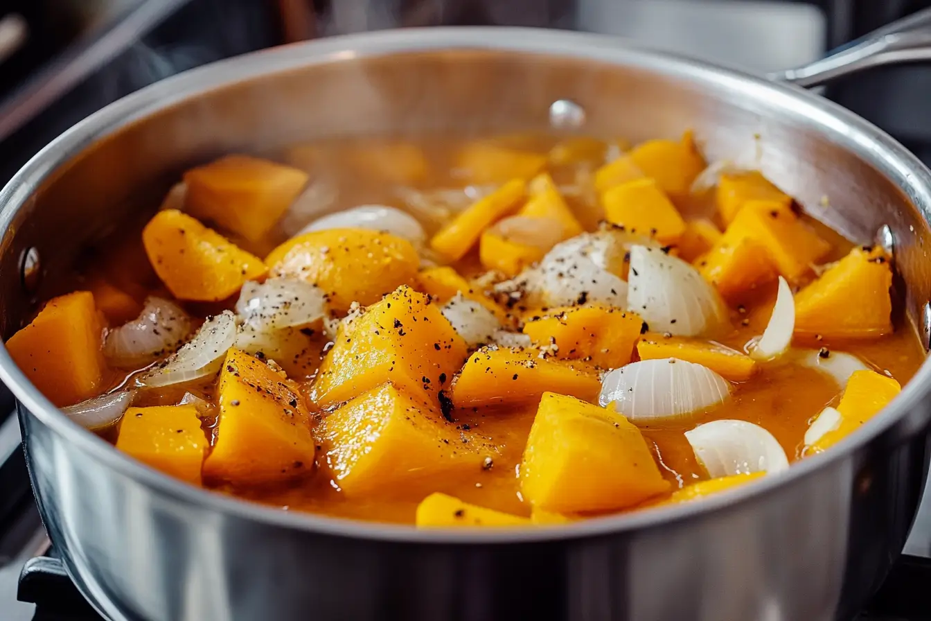 Butternut squash and onions simmering in vegetable stock on a stovetop.