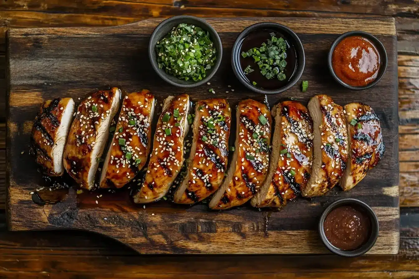 Grilled thin-sliced chicken breasts arranged on a wooden cutting board, drizzled with teriyaki glaze and sesame seeds, surrounded by small bowls of sauces and seasonings, top-down view, rustic kitchen setting.