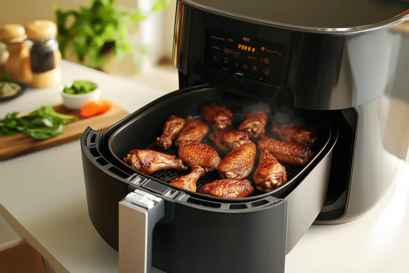 Turkey wings cooking in an air fryer basket.