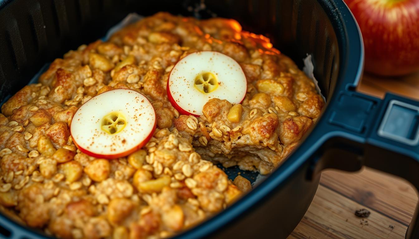 A golden-brown apple oatmeal bake served in a white dish, fresh from the air fryer, topped with sliced apples and a sprinkle of cinnamon.