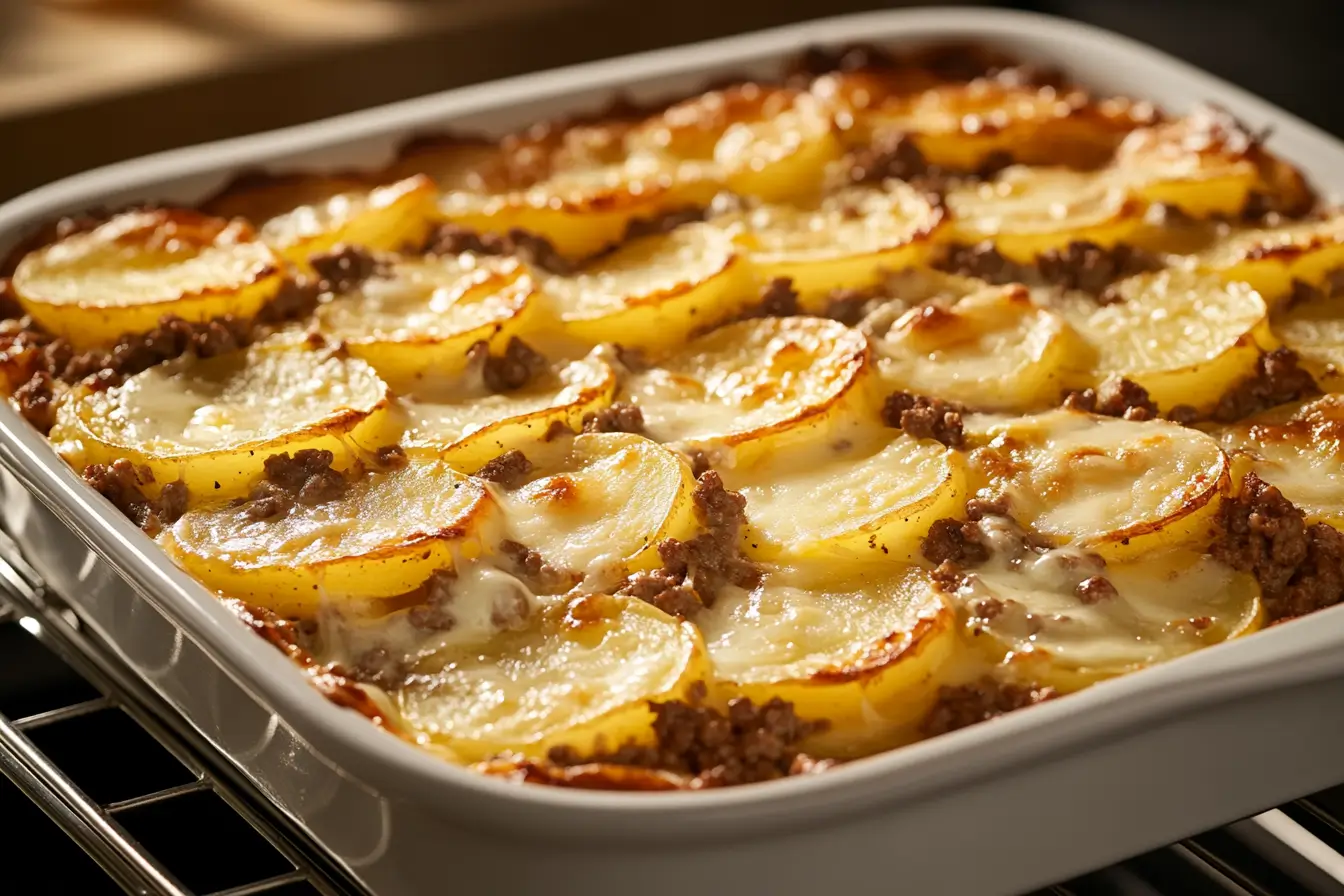 Hamburger potato casserole baking with melted cheese on top.