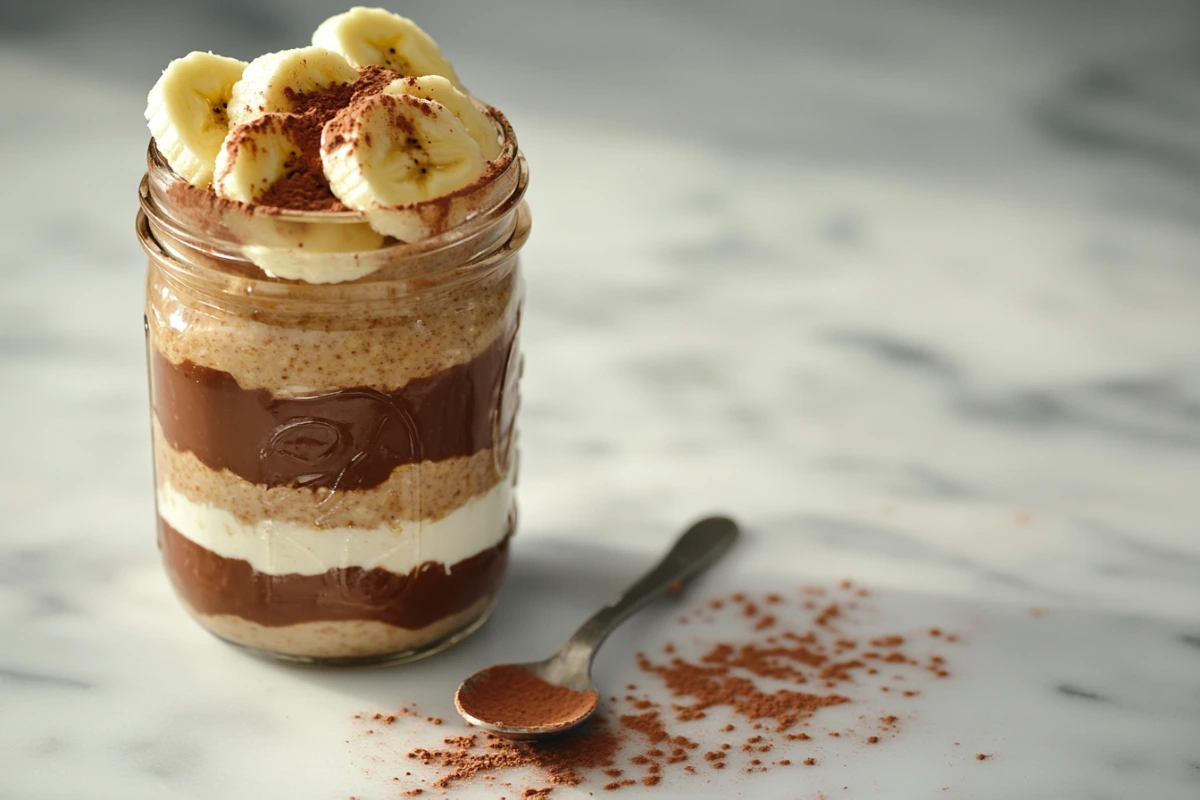 Chocolate peanut butter overnight oats in a mason jar.