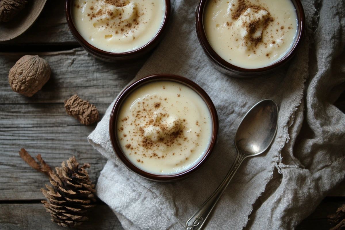 Golden-brown Amish baked custard in a ceramic ramekin with a sprinkle of nutmeg on top, placed on a rustic wooden table.