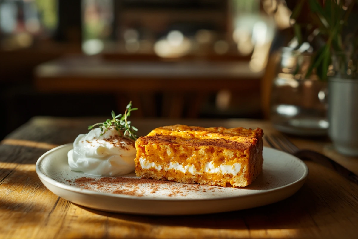 A close-up of a healthy pumpkin bar cut in half, showcasing its moist and soft texture. Served on a plate with Greek yogurt and a sprinkle of cinnamon.