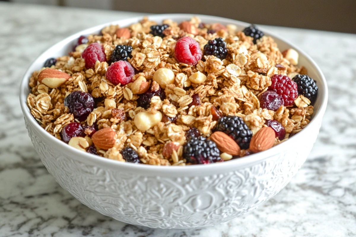 A bowl of vanilla nut granola recipe with milk and berries.