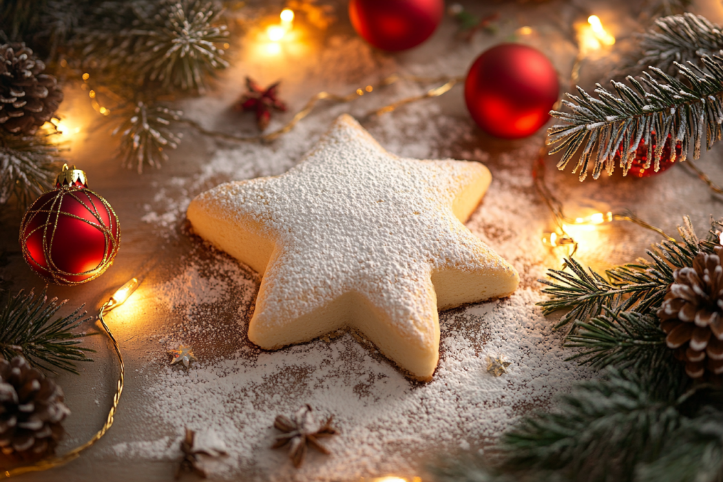 A star-shaped Pandoro cake dusted with powdered sugar, set on a festive table with pine branches, golden lights, and red ornaments.