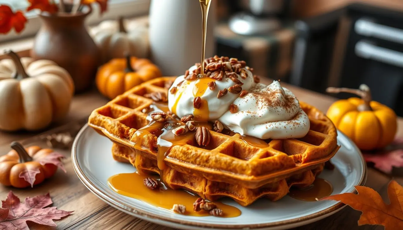 Pumpkin spice waffles topped with whipped cream, pecans, and syrup are served on a plate.