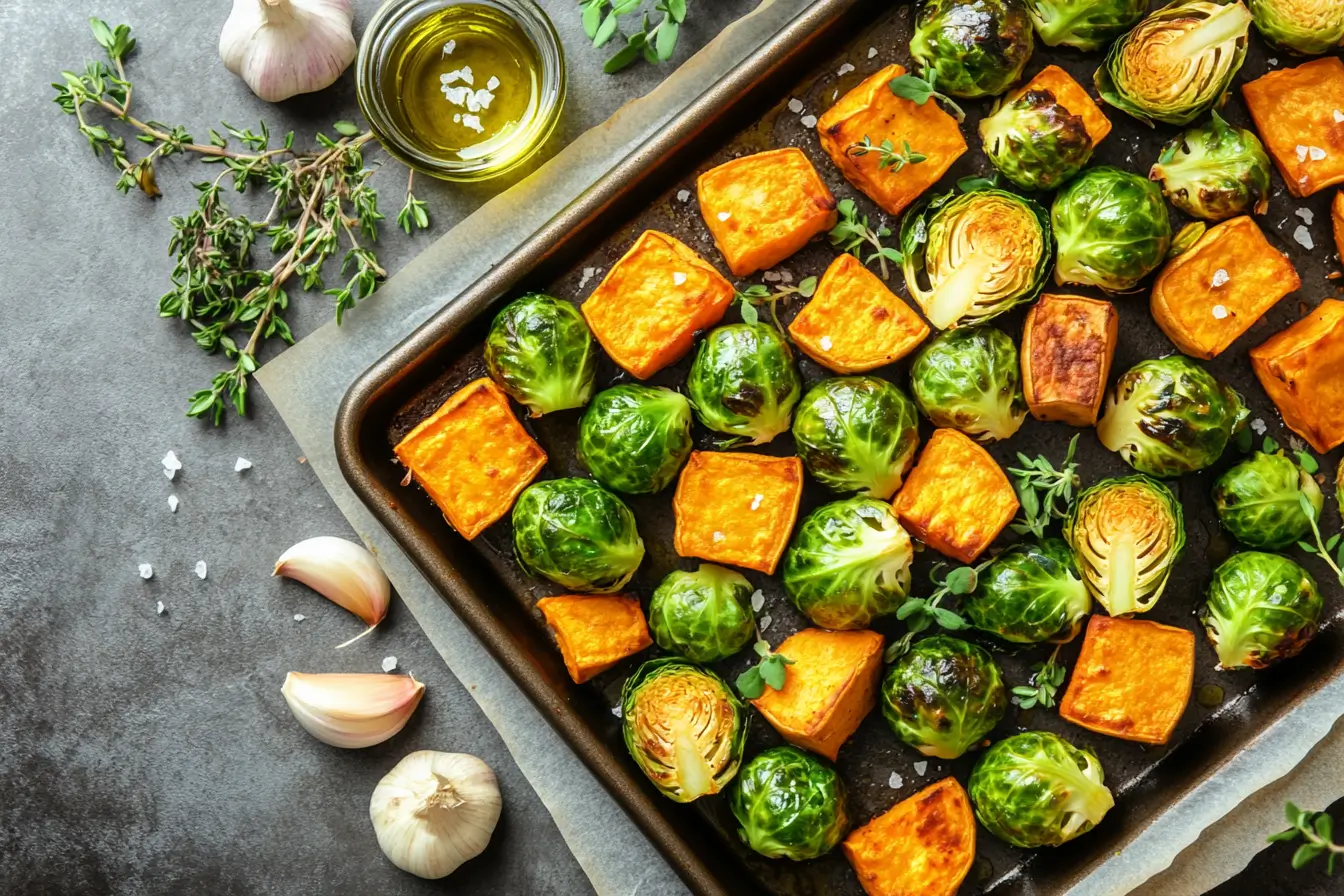 Roasted Brussels sprouts and sweet potatoes with dressing on a rustic table.