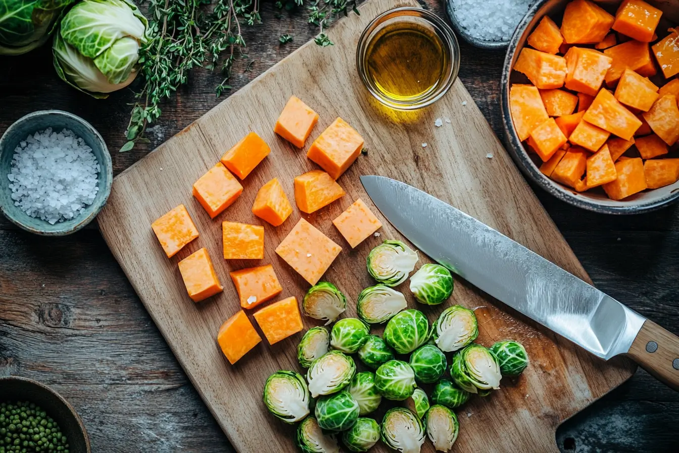 Fresh Brussels sprouts and sweet potatoes being prepared on a wooden cutting board.