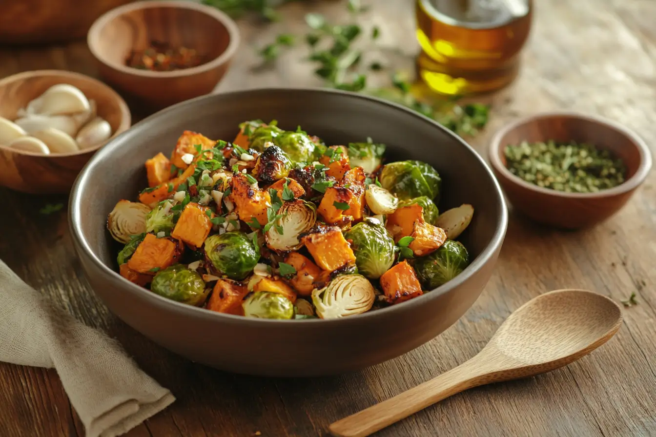 Roasted Brussels sprouts and sweet potatoes served in a rustic dish