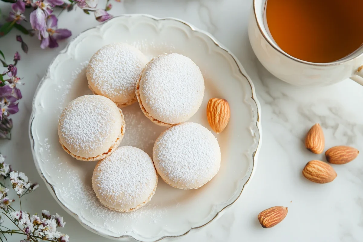 Homemade almond macaroons served on a white plate, lightly dusted with powdered sugar, surrounded by almonds and paired with a cup of tea on a marble table.